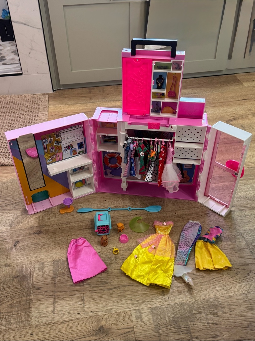 Barbie Pink Play Closet Carry Case with Yellow & Pink Dresses